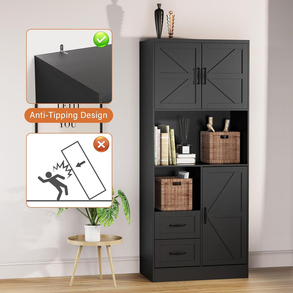 Bigbiglife Farmhouse Kitchen Pantry Cabinet with LED Lights and Power Strip, Tall Kitchen Storage Cabinet, Kitchen Hutch with Microwave Stand & Barn Doors and Drawers for Dining Room