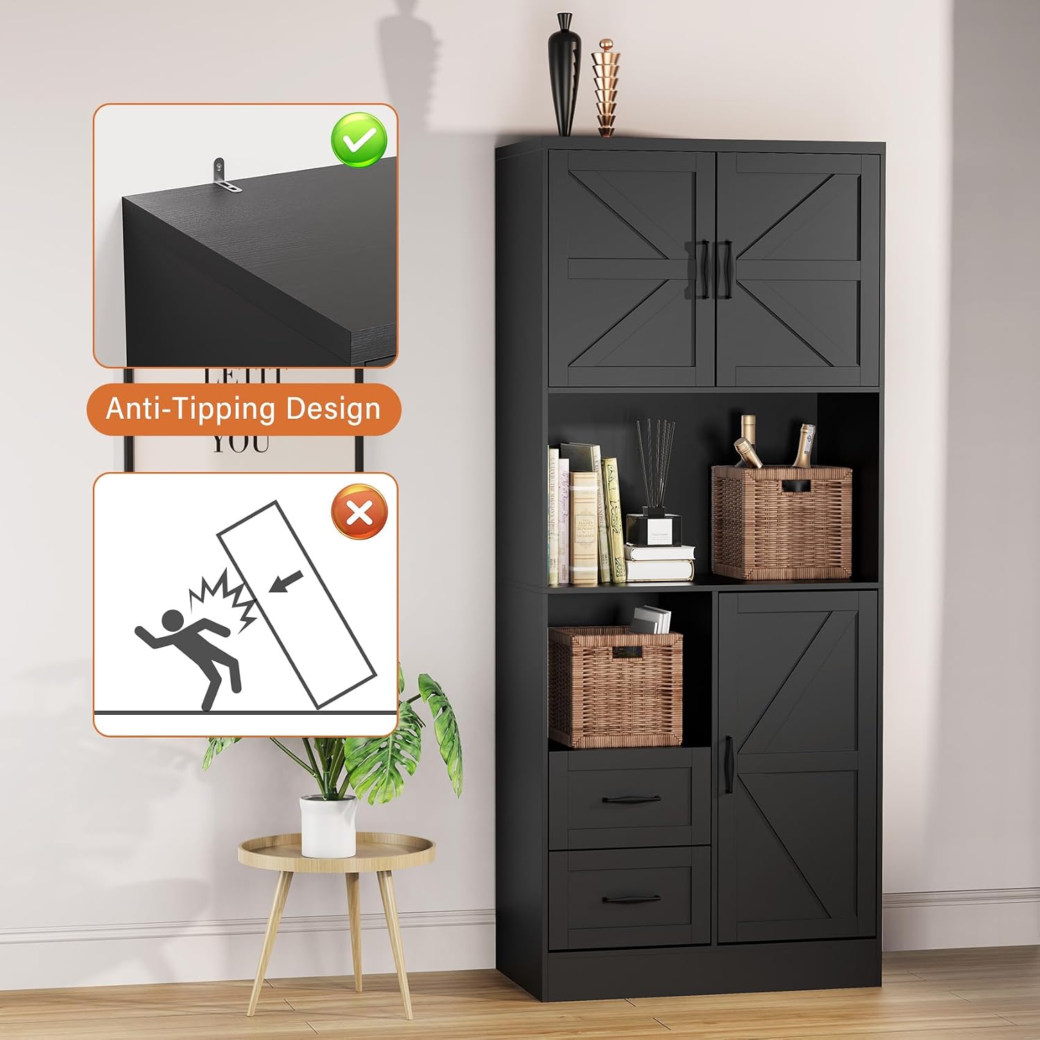 Bigbiglife Farmhouse Kitchen Pantry Cabinet with LED Lights and Power Strip, Tall Kitchen Storage Cabinet, Kitchen Hutch with Microwave Stand & Barn Doors and Drawers for Dining Room