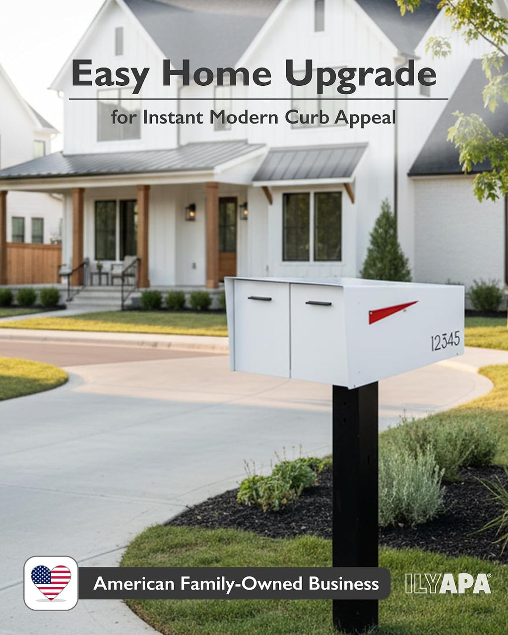 Ilyapa White Double Mailbox, Post Mount Mailboxes for Outside- Two Sided Mail Box for 2 Houses with Standard Single Mounting, Door Numbering Kit, Outdoor All Weather with Magnetic Doors