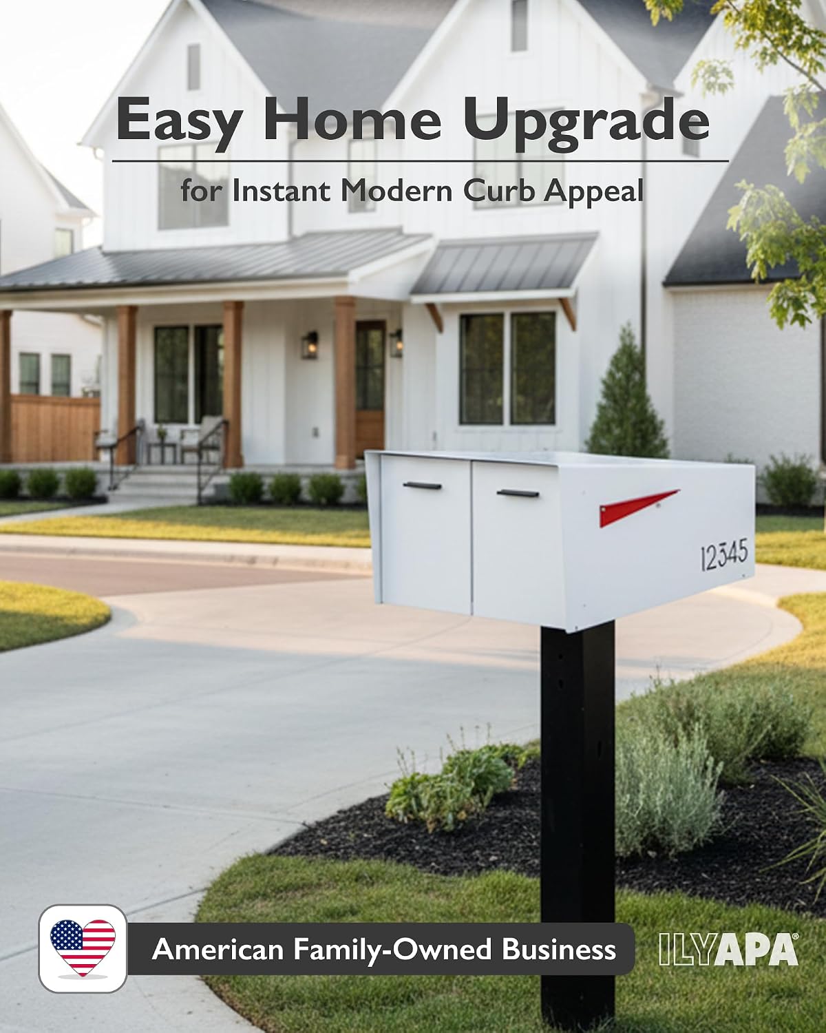 Ilyapa White Double Mailbox, Post Mount Mailboxes for Outside- Two Sided Mail Box for 2 Houses with Standard Single Mounting, Door Numbering Kit, Outdoor All Weather with Magnetic Doors