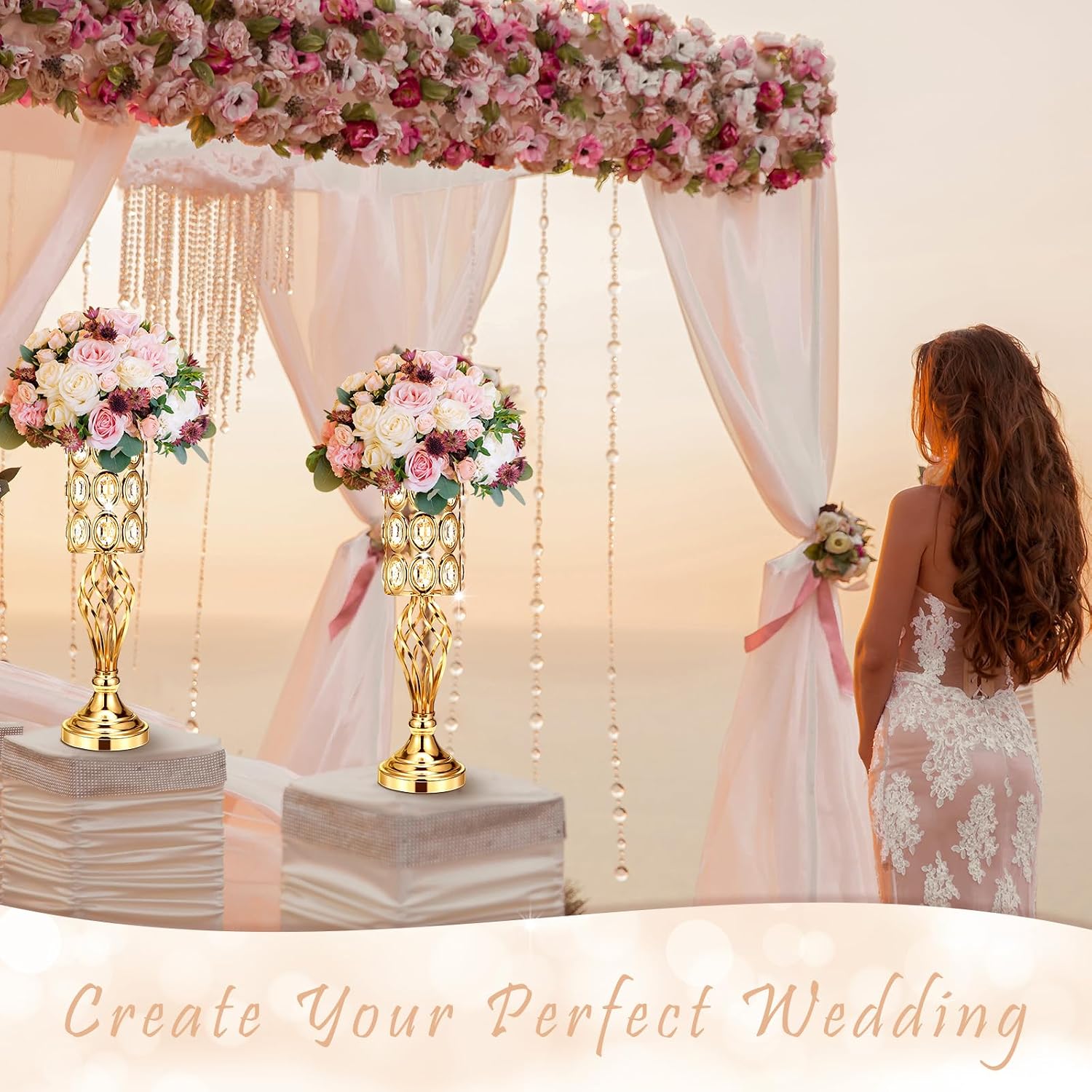 Tatuo 12 Pcs Gold Wedding Centerpiece Vases for Table Crystal Flower Trumpet Metal Flower Vase Stand with Diamond for Wedding Party Reception Dining Room Living Room(20 inch)