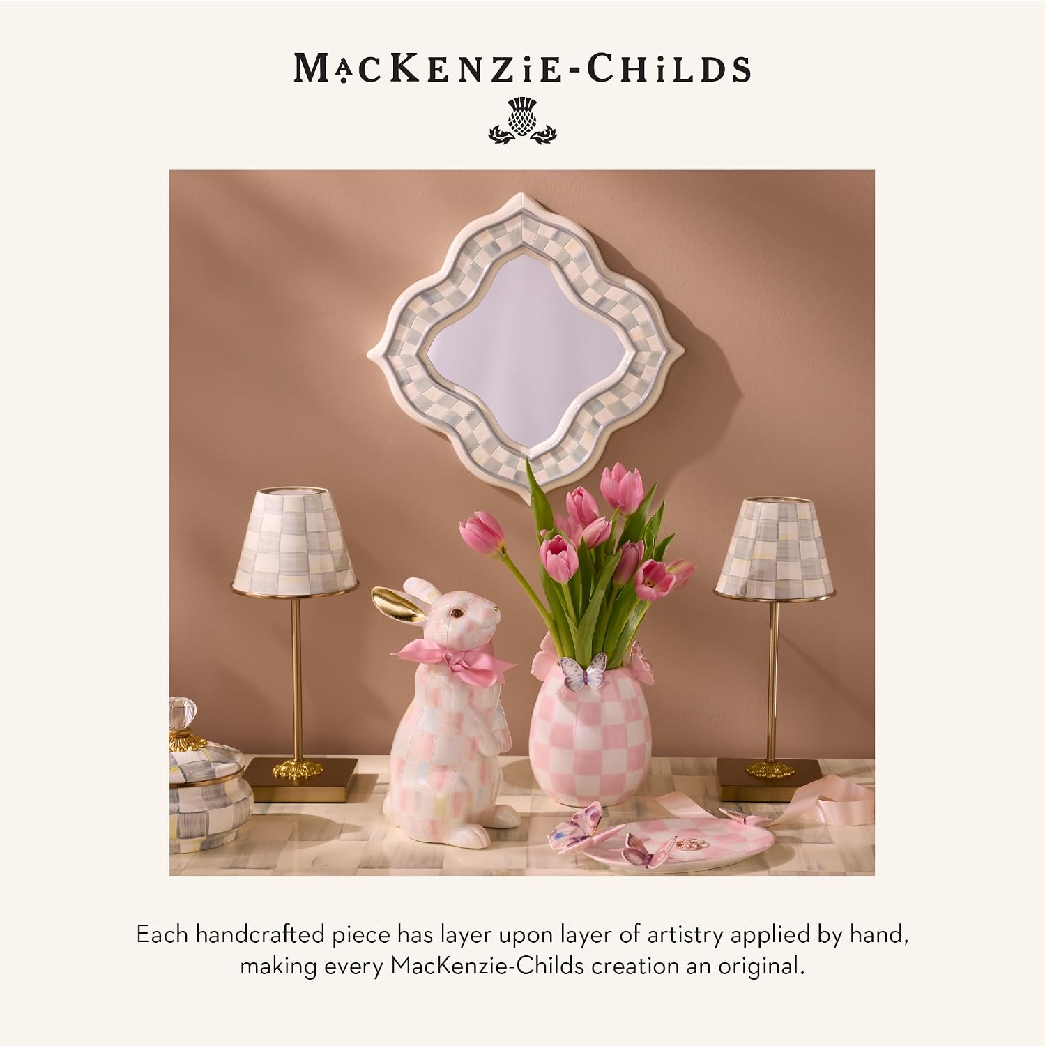 MACKENZIE-CHILDS LED Rechargeable Cafe Table Lamp, Cordless Decorative Lamp, Gray-and-White Sterling Check