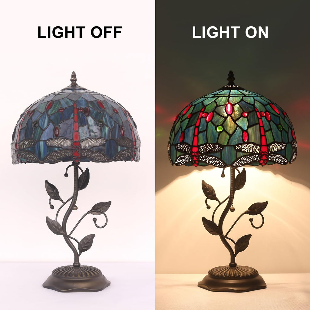 Tiffany Table Lamp, Stained Glass Red Dragonfly Style, Metal Leaf Base Decor Lamp, 12x12x19 Inch for Bedroom, Living Room, Home, Office