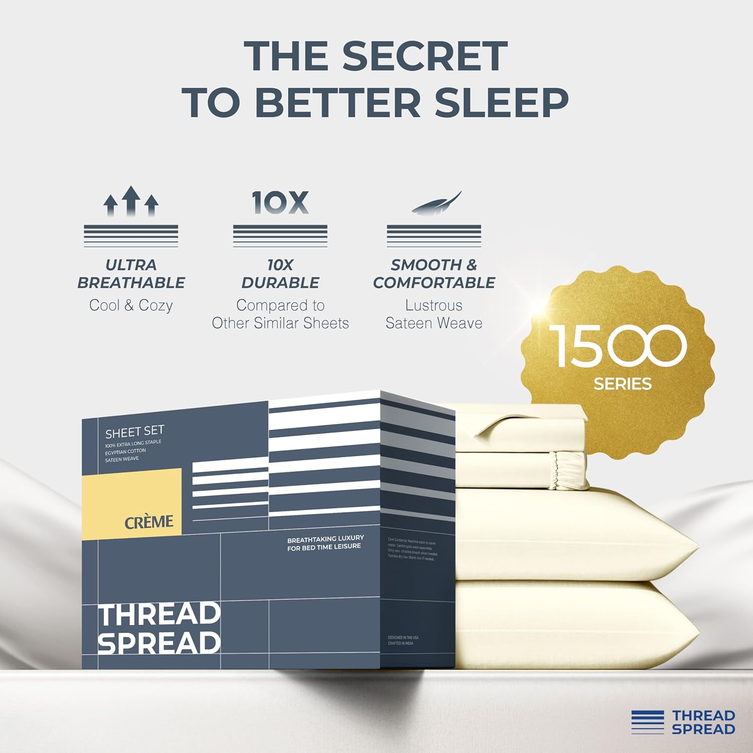 THREAD SPREAD 100% Egyptian Cotton Sheets Queen Size - Luxury 1500 Series Queen Sheet Set Egyptian Cotton (4 PC, Ivory), Silky Soft, Sateen Weave, Cooling & Breathable, 17' Deep Pocket Bed Set