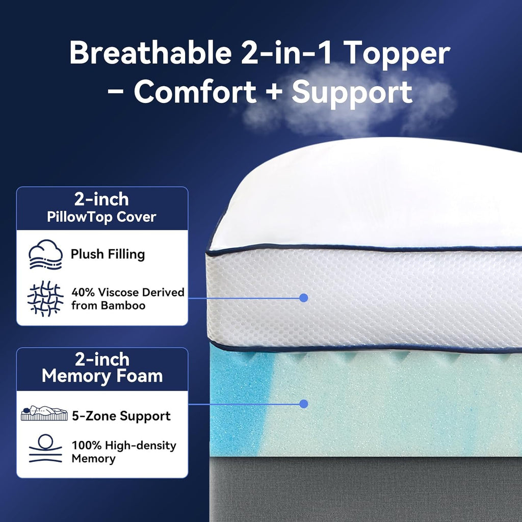 California King Size Dual Layer 4 Inch Memory Foam Mattress Topper, 2 Inch Cooling Gel Memory Foam and 2 Inch Soft Pillow Top Mattress Pad Cover for Back Pain Relief, Breathable