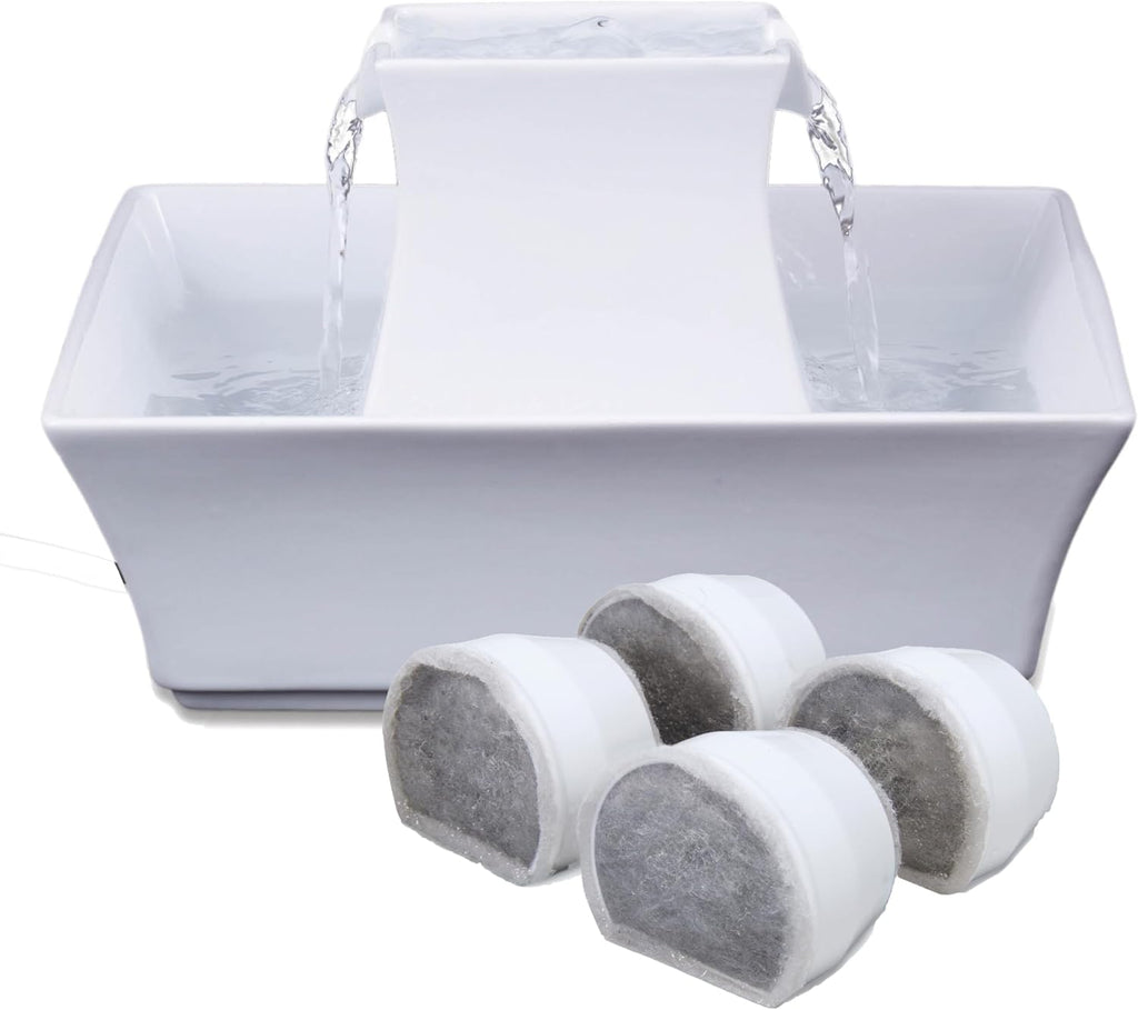 PetSafe Drinkwell Pagoda Pet Fountain 70 oz/ 2L Capacity,Elevated Indoor Ceramic Cat Water Fountain, 2 Levels of Free-Falling Stream, Included Carbon & Foam Filter Provide Fresh Water with Every Sip