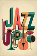 International Jazz Day Musical Instruments Saxophone Trumpet Double Bass Cello Drums Music Vintage Poster Repro 24' X 36' Image Size Repro on Canvas Shipped Rolled Up