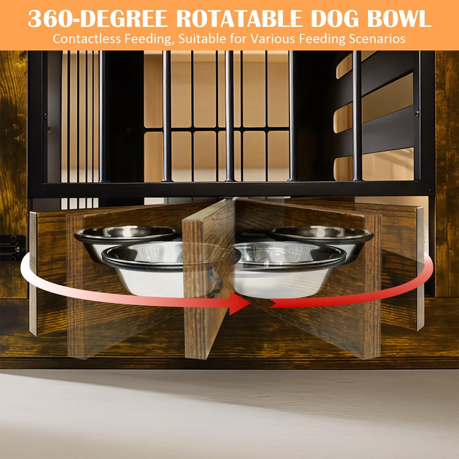 Dog Crate Furniture for Small Medium Dogs, Heavy Duty Wood Metal Indoor Dog Kennel with Bowls, Decorative Pet Cage Dog House as TV Stand, Brown