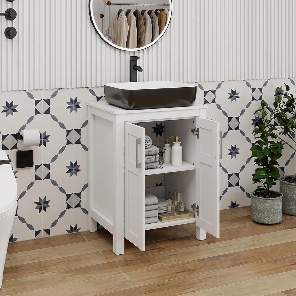 YOURLITE 24' Bathroom Vanity with Sink, White Bathroom Vanity and Sink Combo with Faucet & Pop Up Drain Set,Traditional Vanity with with White & Black Ceramic Sink