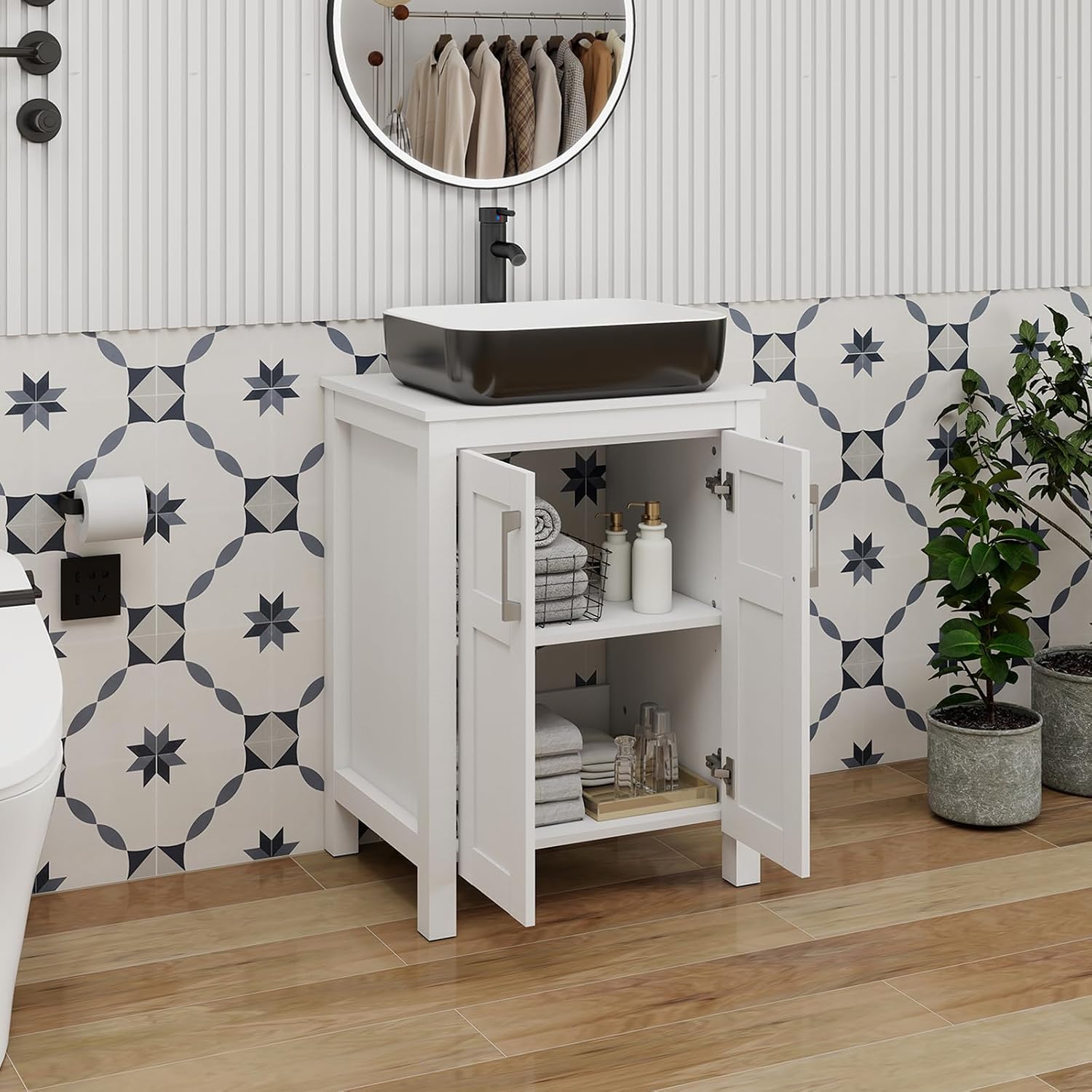 YOURLITE 24' Bathroom Vanity with Sink, White Bathroom Vanity and Sink Combo with Faucet & Pop Up Drain Set,Traditional Vanity with with White & Black Ceramic Sink