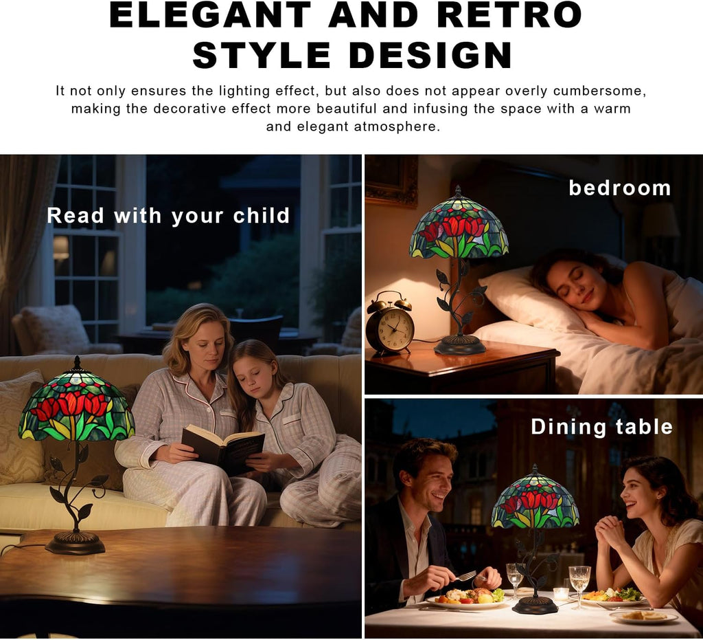 Tiffany Table Lamp, Stained Glass Tulip Design, with Metal Leaf Base, 12x12x19 Inch for Bedroom, Living Room, Home, Office