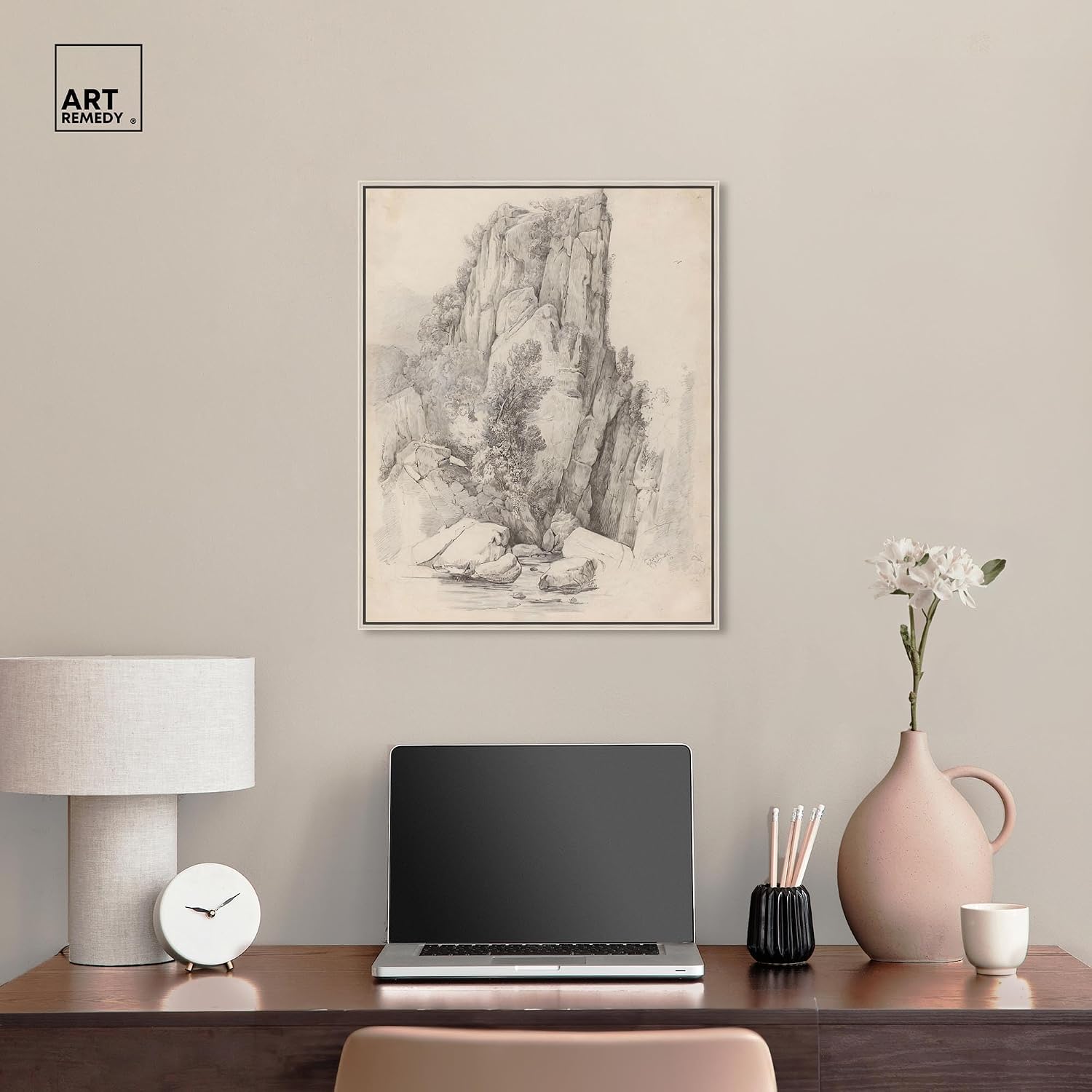 Art Remedy Rock Cliffs above a Stream 1818 Canvas Classic Sketches, Silver Frame, 20' x 24'