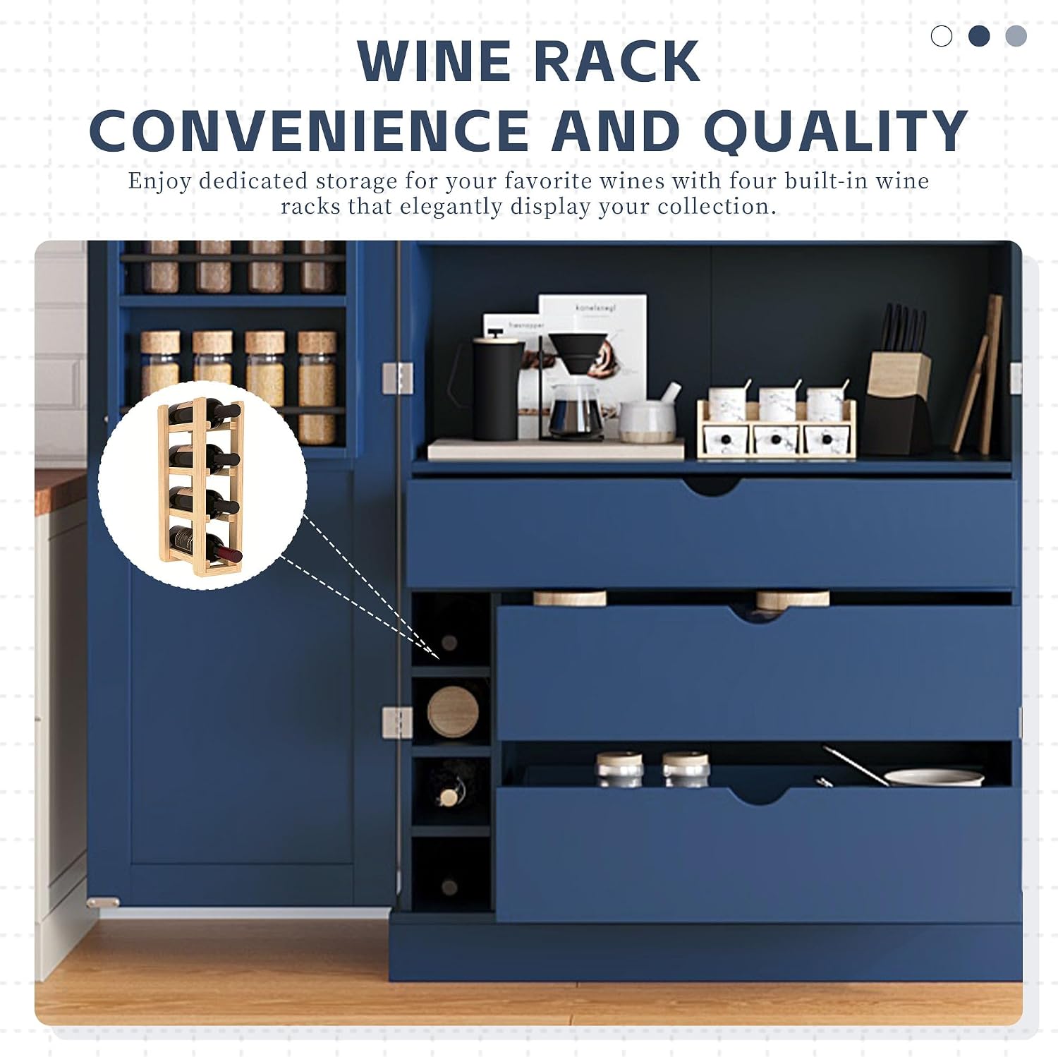 77'' Tall Freestanding Kitchen Pantry, 35''Lx17.7''W Wooden Kitchen Organizers Cupboard Storage Cabinet with Adjustable Shelves, Door Shelves, Drawers and Wine Racks (Blue-2.12)