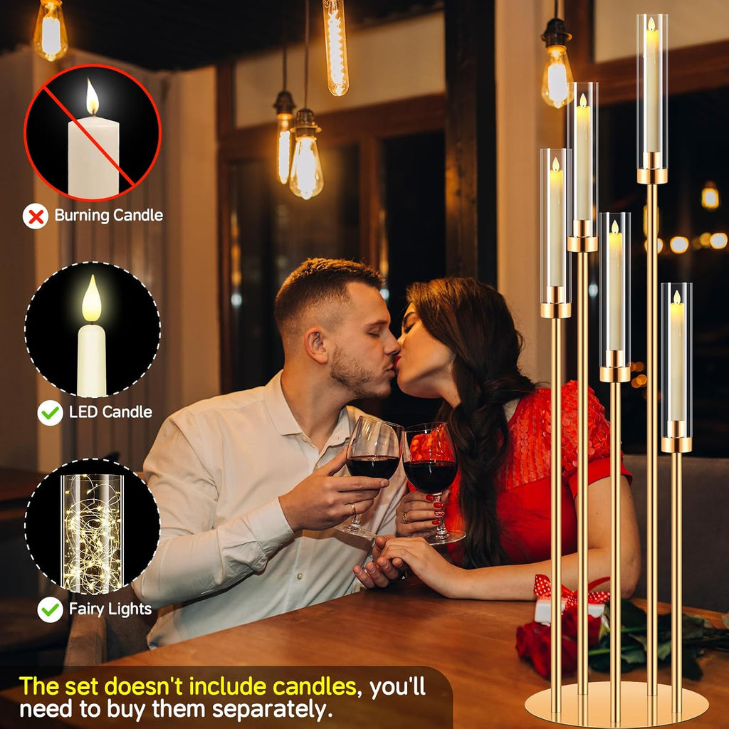 8 Set 5 Arm Golden Candle Holder with Acrylic Lampshade, 41.3'' Tall Candlesticks Holder for Christmas Wedding Housewarming Gift,Metal Candle Holders Candlestick Centerpiece,Fit 0.87'' LED Candle