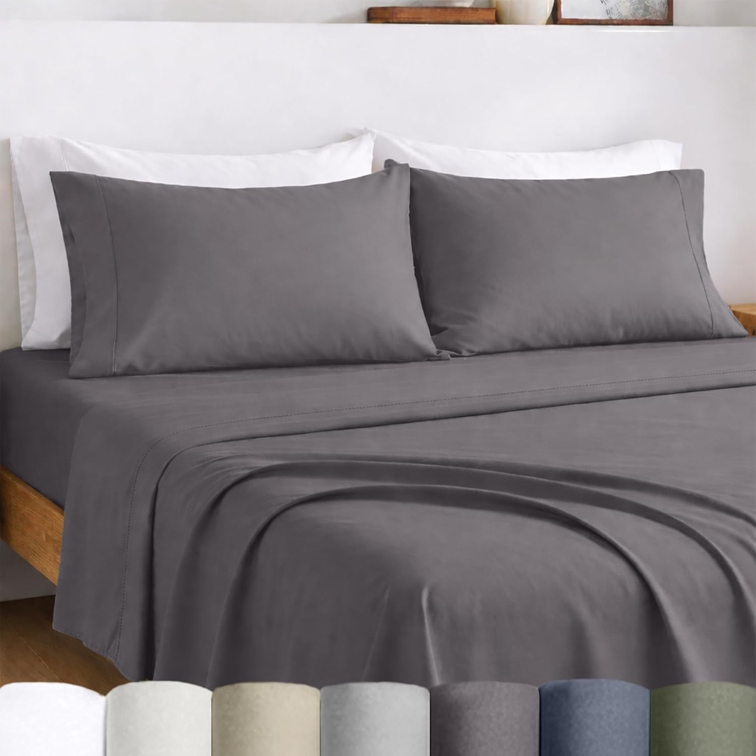 California Design Den King Size Sheets Set Cotton - Certified 100% Egyptian Cotton King Size Percale Sheets Set with Deep Pockets, Lightweight, Crisp, Durable Luxury Bedding - Grey