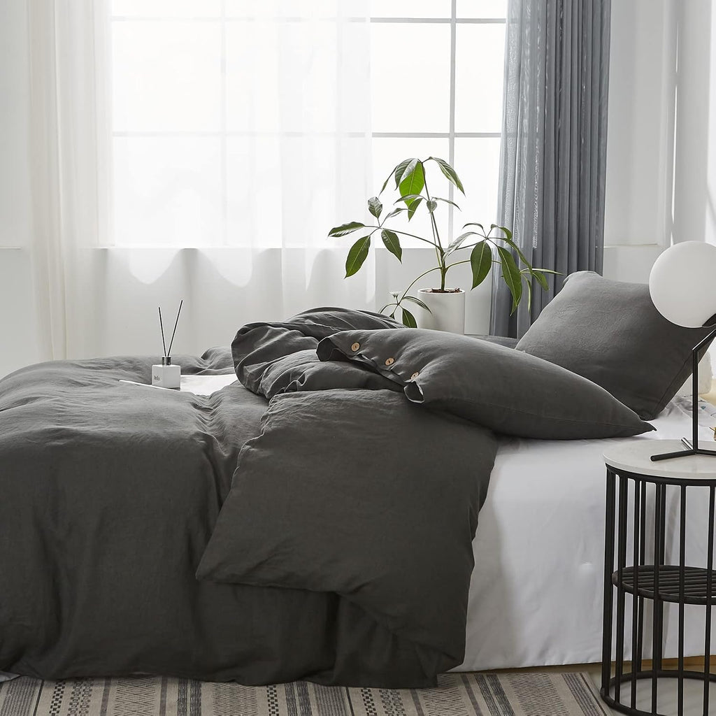 Simple&Opulence 100% Linen Duvet Cover Set 3pcs with Coconut Button Closure Natural French Washed Flax Solid Color Soft Breathable Farmhouse Bedding - Dark Grey, Queen Size