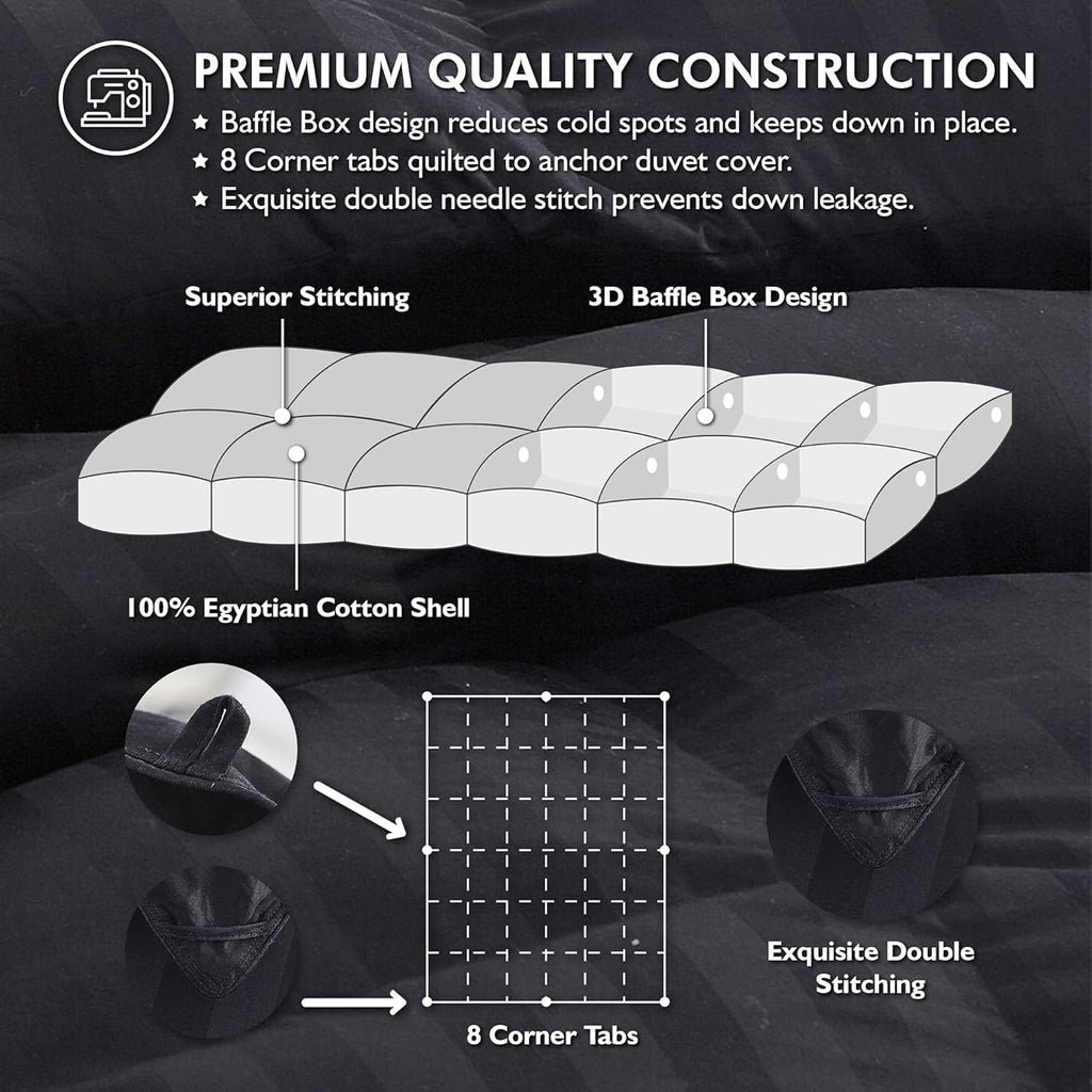 Luxurious Queen Size Goose Down Feather Fiber Comforter Duvet Insert, 100% Egyptian Cotton Cover, 60 oz. Fill Weight Comforter (Queen, Black Stripe)