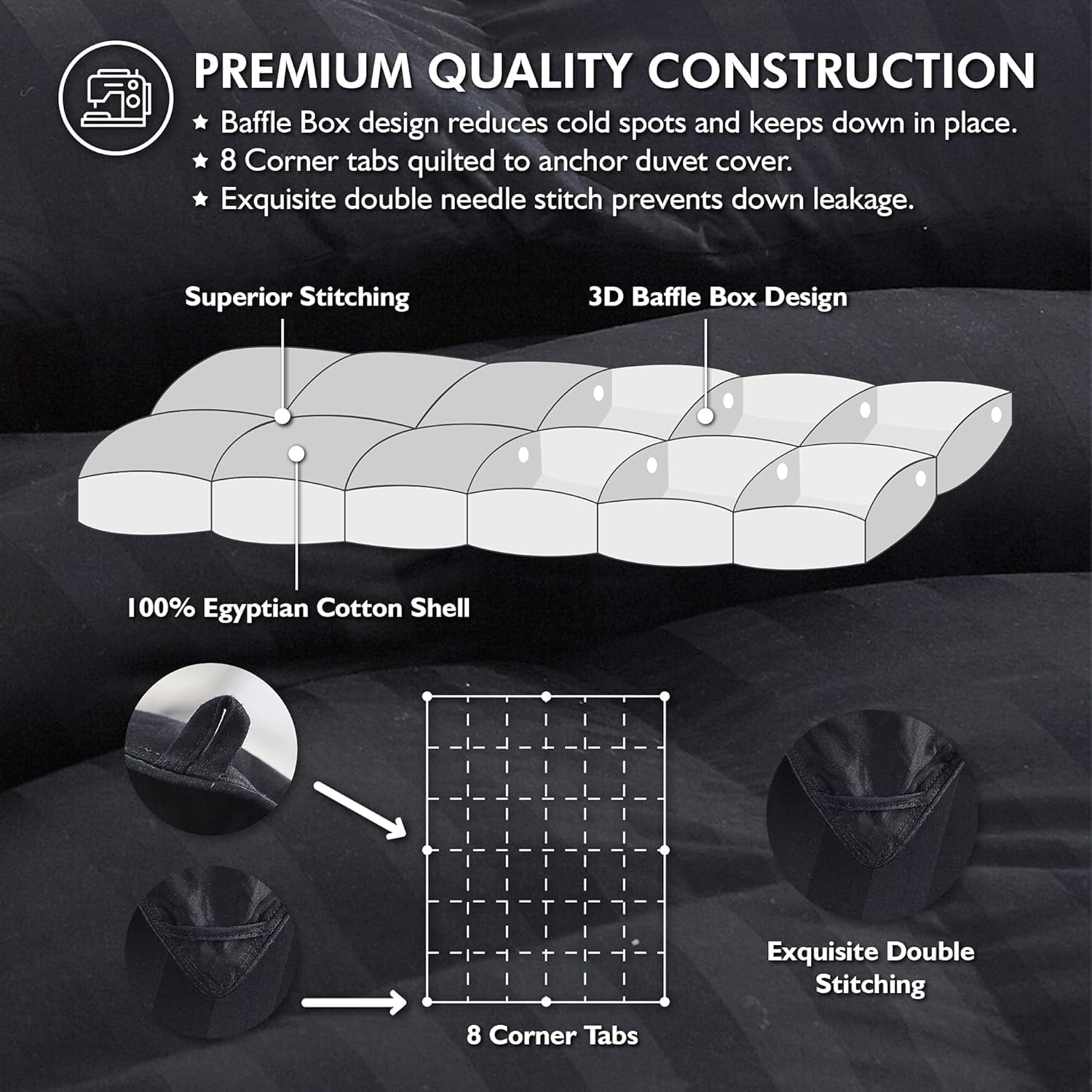 Luxurious Queen Size Goose Down Feather Fiber Comforter Duvet Insert, 100% Egyptian Cotton Cover, 60 oz. Fill Weight Comforter (Queen, Black Stripe)