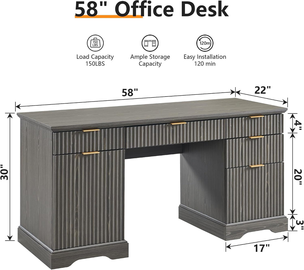 JXQTLINGMU Modern Executive Desk with Storage, Wood Home Office Desk with Drawer & Cabinet, Fluted Computer Writing Desk for Study, Living Room, Bedroom