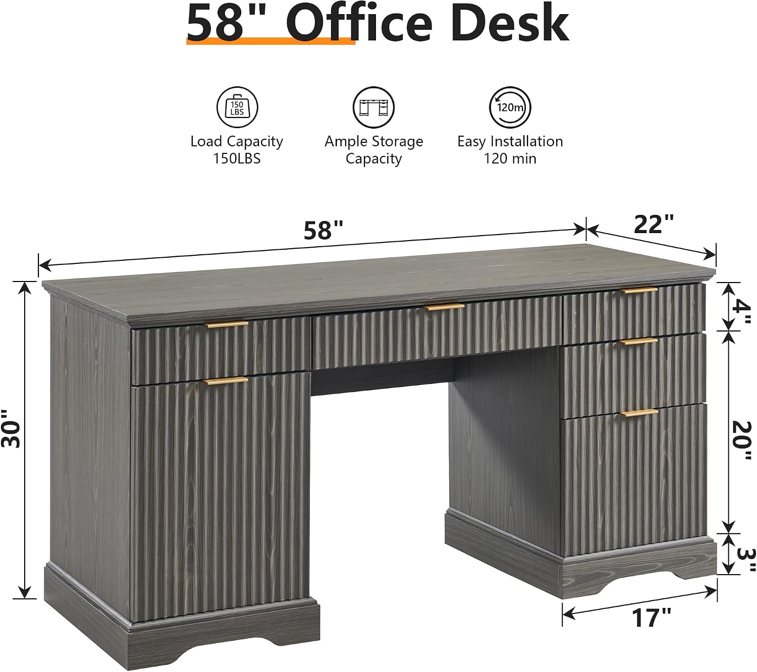 JXQTLINGMU Modern Executive Desk with Storage, Wood Home Office Desk with Drawer & Cabinet, Fluted Computer Writing Desk for Study, Living Room, Bedroom