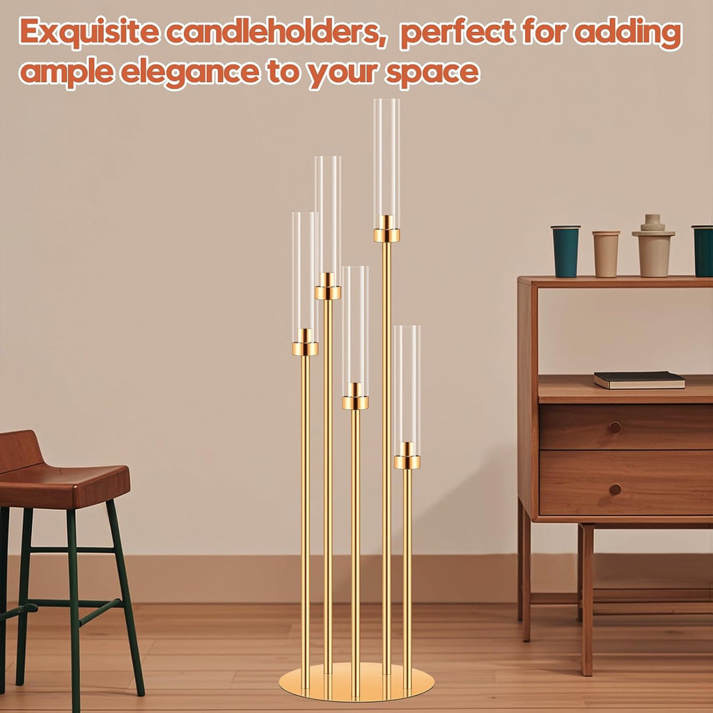 6 Set 5 Arm Gold Candle Holder, Mjkeomo 41.3'' Tall Candelabra Centerpieces for Tables Gold Candlesticks Holder for Housewarming Gift Fireplace Dinner Halloween Christmas Decor Fit 0.82'' LED Candle