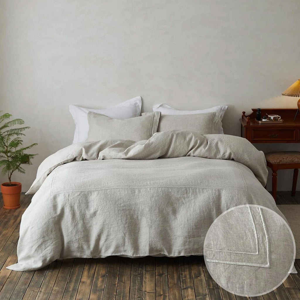 Simple&Opulence 100% Washed Linen Duvet Cover Set 68'x86' - 2 Pieces Soft Farmhouse Comforter Set Double Embroidered with Button Closure - 1 Duvet Cover and 1 Pillowsham (Linen, Twin)