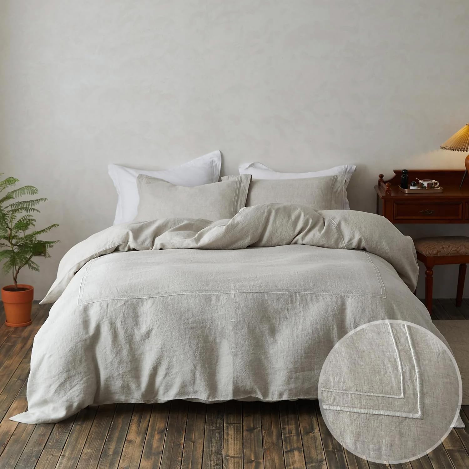 Simple&Opulence 100% Washed Linen Duvet Cover Set 68'x86' - 2 Pieces Soft Farmhouse Comforter Set Double Embroidered with Button Closure - 1 Duvet Cover and 1 Pillowsham (Linen, Twin)