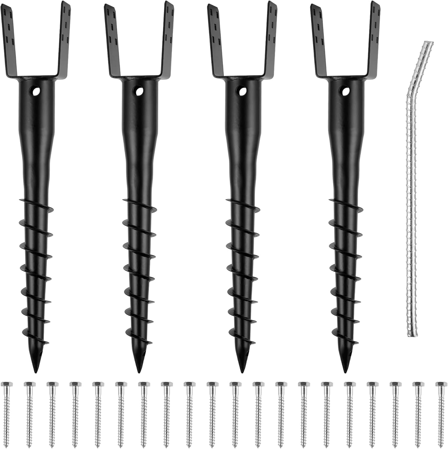 No Dig Ground Screw Anchor - Black U Shaped Post Stake for 4x4 Wood Posts, Includes Lag Bolts & 27' Rebar, for Mailbox Posts and Fence Posts Anchor, 4 Pack