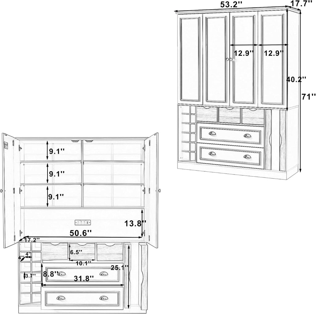 Merax 71' H Tall Kitchen Pantry Cabinet with Outlet, Modern Kitchen Hutch with Microwave Stand and Wine Racks, Large Food Pantry Storage Cabinet with Serving Trays and Drawers, Blue Gray