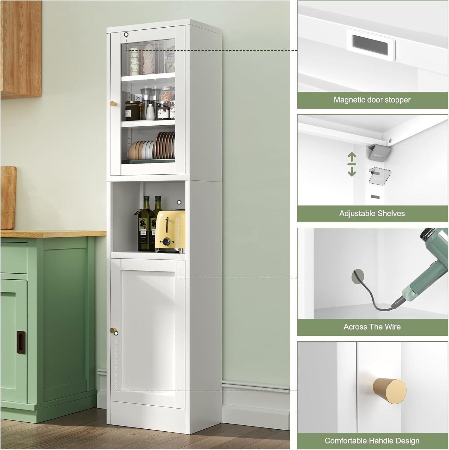 Bevivog Tall Bathroom Storage Cabinets,Slim Metal Cabinet with Open Shelf, Glass Display Door Freestanding Narrow Storage Organizers for Small Spaces,White Skinny Cabinets for Pantry,Living Room