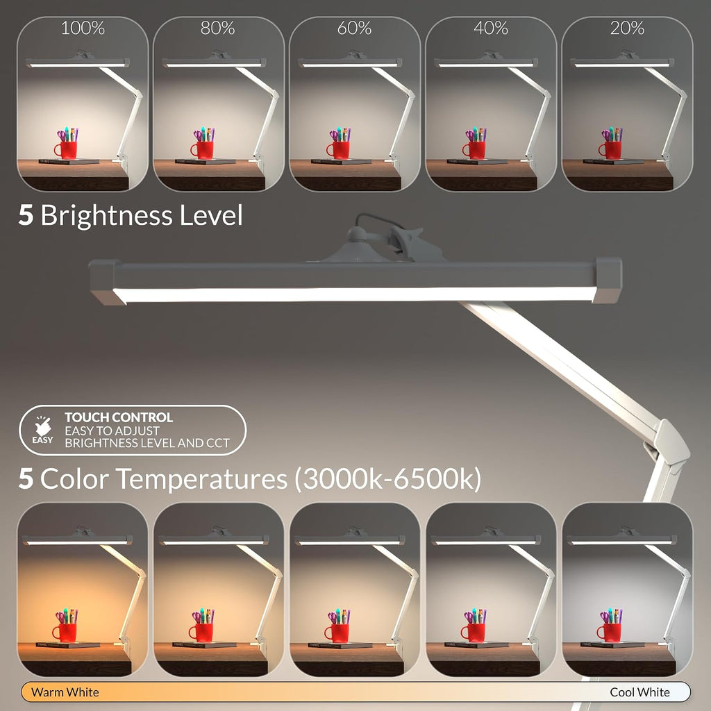 2300 Lumens Ultra Bright LED Desk Lamp – Professional Eye Care Task Light 5 Level Adjustable Brightness & Color Temperature, for Home Office, Architecture, Beauty (CCT, Dimming, White)