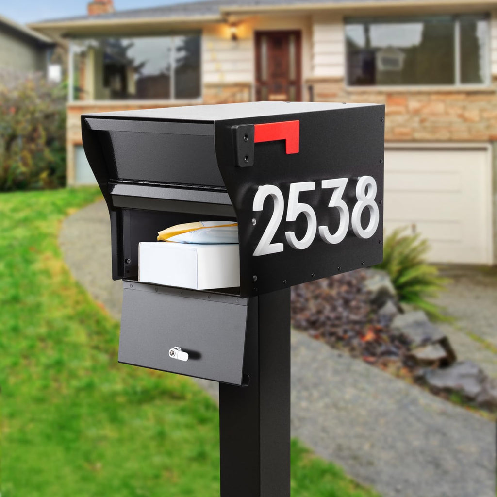 Whitehall MailVault Streetside Locking Mailbox with Post, Personalize with Modern Stand-Off Address Numbers Package – Steel, Secure Weather Resistant Modern Square Mailbox (Black/White)