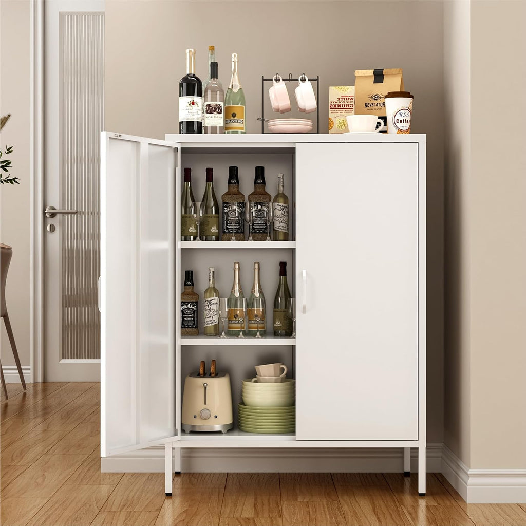 Metal Locker Cabinet, White Accent Storage Cabinets with 2 Doors And Adjustable Shelves, 3 Tier Modern Storage Freestanding Sideboard for Living Room,School,Office Home Kitchen (White, 2Doors-40'H)
