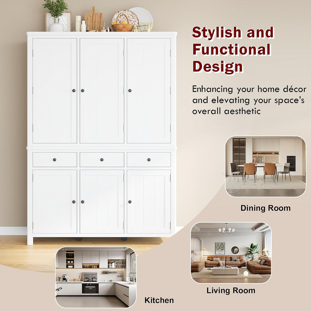 Farmhouse 74.8''H High Freestanding Kitchen Pantry, 53''Lx20''W Wooden Large Cupboard Storage Cabinet with Door Shelves, Adjustable Shelves, Pull-Out Trays and Drawers (White-6ds)