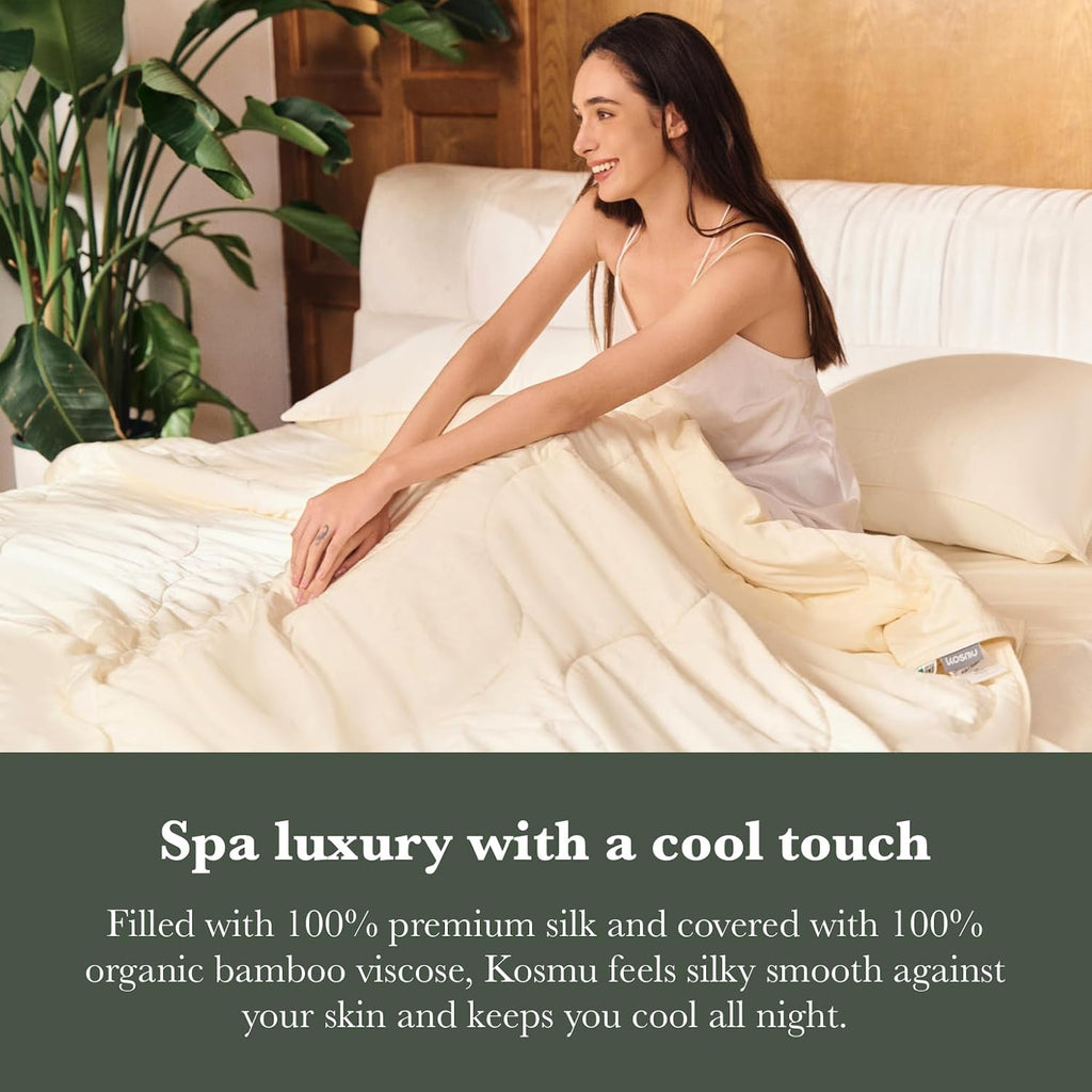 Silk Comforter Queen Size | 100% Mulberry Silk Fill with Organic Bamboo Viscose Shell | Summer Cooling Blanket for Hot Sleepers, Lightweight Breathable All-Season Bedding (Cream, 90'x90')