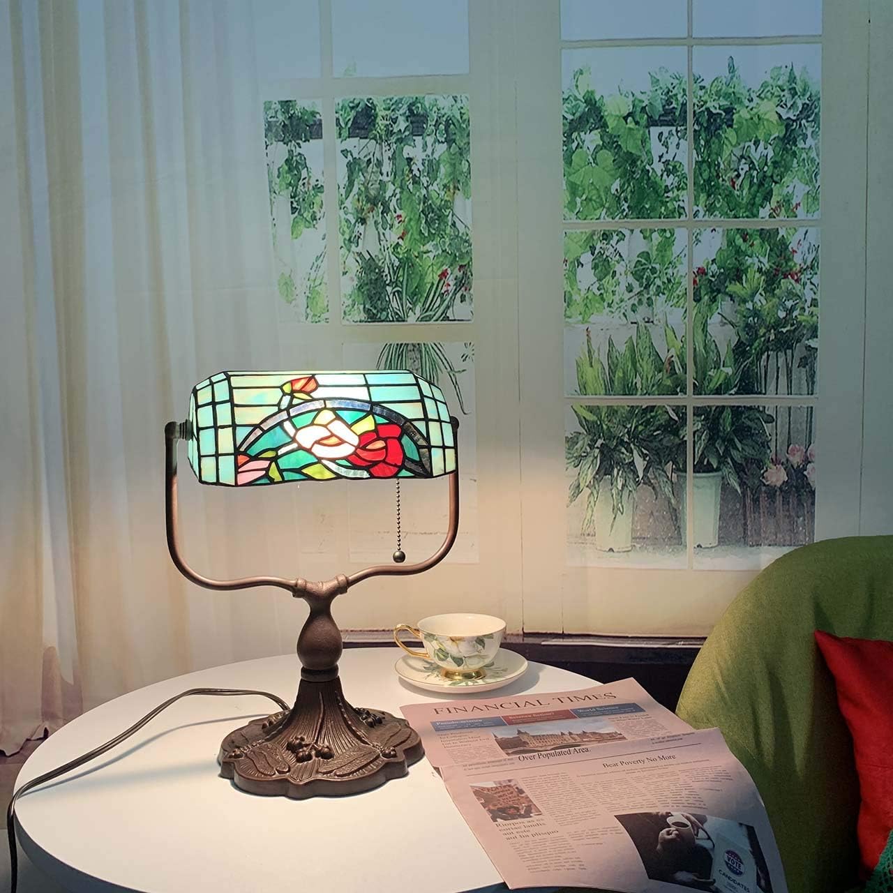 Bieye L10760 Rose Flower Tiffany Style Stained Glass Bankers Desk Lamp Table Lamp for Working Office Living Room Bedside Home Decoration, 9' W x 15' H, Red Green