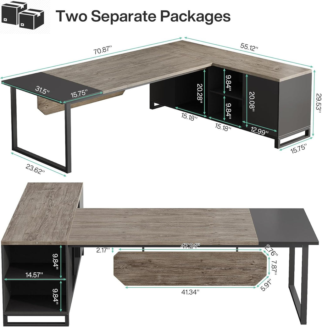 Tribesigns 70.8-Inch Executive Desk with 55-Inch File Cabinet, Large L Shaped Computer Desk with Storage Cabinet and Shelves, Industrial L-Shaped Desk for Home Office, Retro Gray & Black