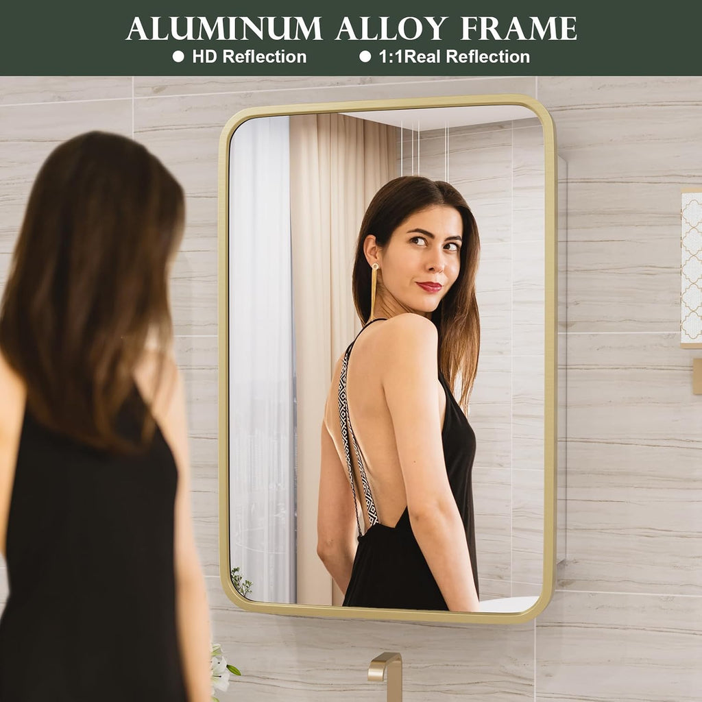 WallBeyond Bathroom Medicine Cabinet with Mirror, 16x24 Inch Gold Recessed Medicine Cabinet with Round Corner Aluminum Alloy Metal Framed.