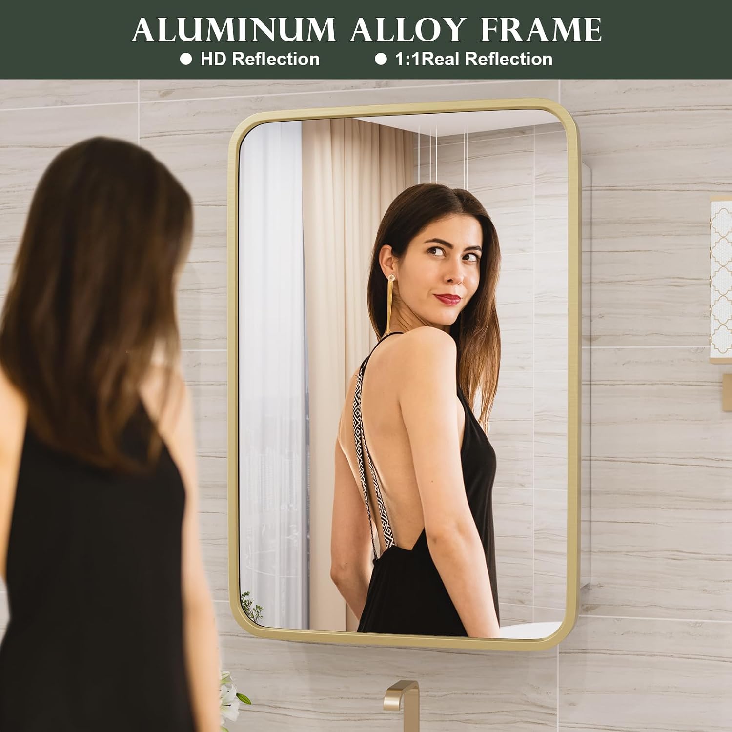 WallBeyond Bathroom Medicine Cabinet with Mirror, 16x24 Inch Gold Recessed Medicine Cabinet with Round Corner Aluminum Alloy Metal Framed.