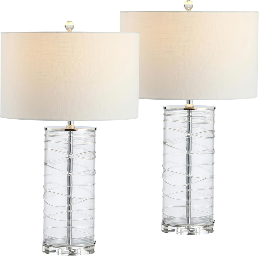 JONATHAN Y 27.5' Clear Modern Fused Glass Table Lamp Set of 2 for Bedroom Living Room, Coastal Nightstand Bedside Lamp with White Linen Shade, LED Bulbs Included (JYL4016B-SET2)