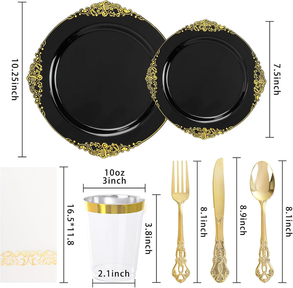 YOUBET 700PCS Black Plastic Plates - Black and Gold Plates - Gold Plastic Dinnerware Set Include 200 Disposable Plate, 300 Heavy Duty Silverware, 100 Cups, 100 Napkins for Wedding & Party