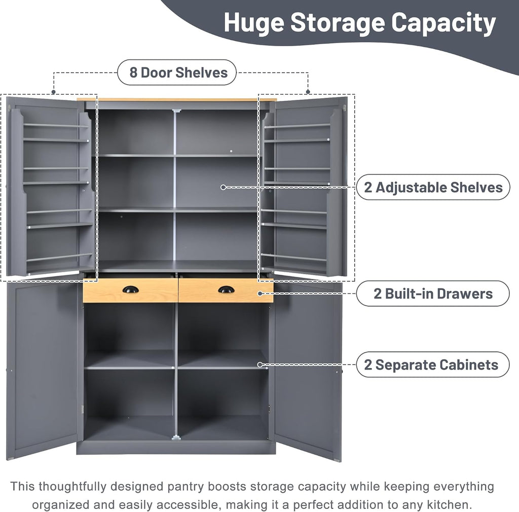 71.3inch Farmhouse Kitchen Pantry, Freestanding Large Cupboard Storage Cabinet with 2 Drawers and 2 Adjustable Shelves, Wood Storage Cabinet with 8 Door Shelves for Kitchen, Dining Room (Gray-2)