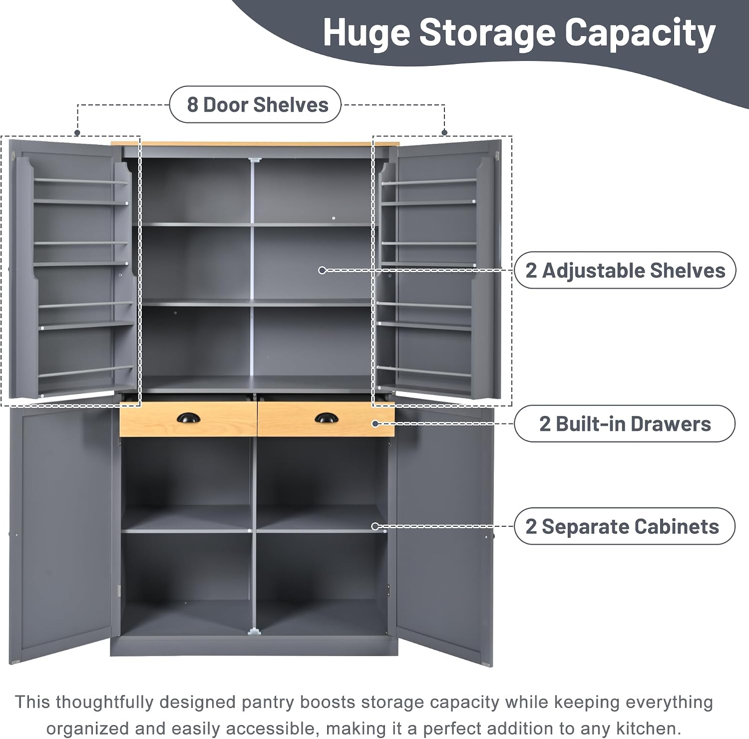 71.3inch Farmhouse Kitchen Pantry, Freestanding Large Cupboard Storage Cabinet with 2 Drawers and 2 Adjustable Shelves, Wood Storage Cabinet with 8 Door Shelves for Kitchen, Dining Room (Gray-2)