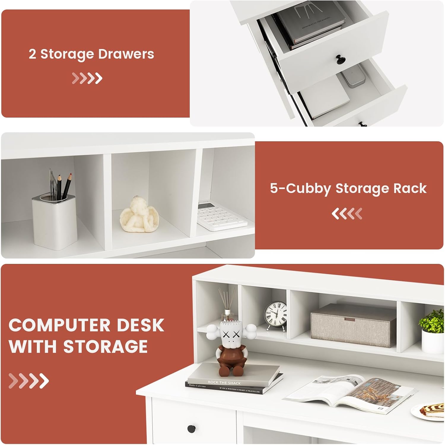Tangkula White Desk with Drawers & Hutch, Modern Home Office Desk Writing Study Desk with Charging Station, Laptop Desk with 5 Storage Compartments, Computer Workstation Makeup Vanity Desk