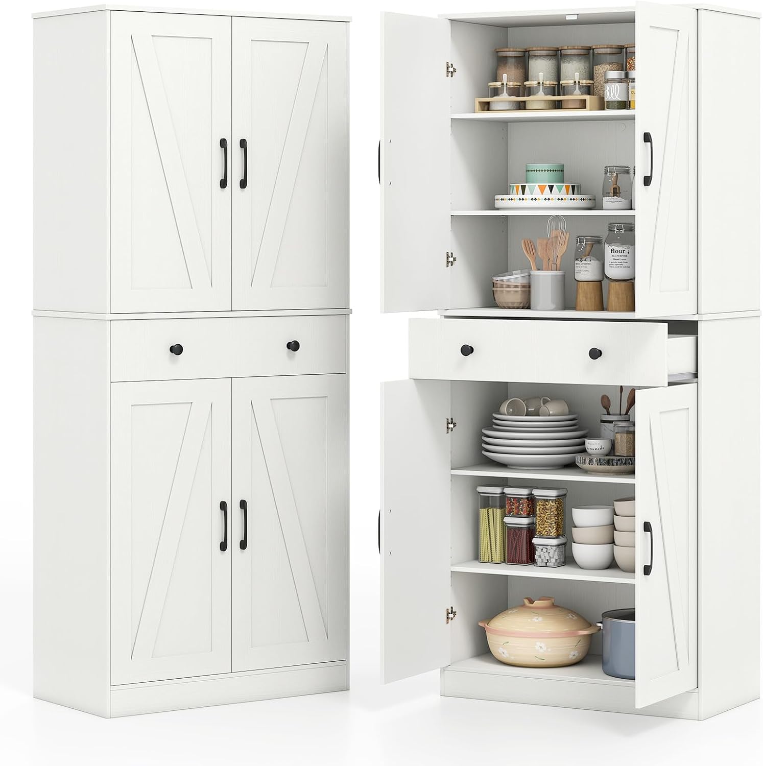 Giantex 72' Tall Kitchen Pantry Cabinet, Modern Farmhouse Pantry Storage Cabinet with 4 Barn Doors, Adjustable Shelves & Drawer, Buffet Cupboard with Living Room, Dining Room, Bathroom, White