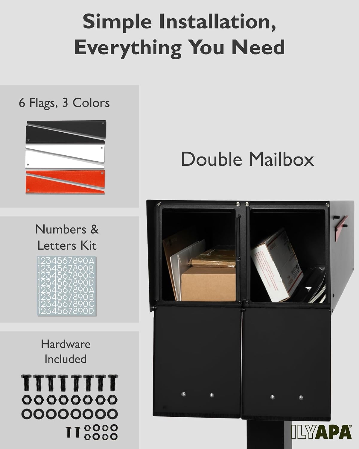 Ilyapa Black Double Mailbox, Post Mount Mailboxes for Outside- Two Sided Mail Box for 2 Houses with Standard Single Mounting, Door Numbering Kit, Outdoor All Weather with Magnetic Doors