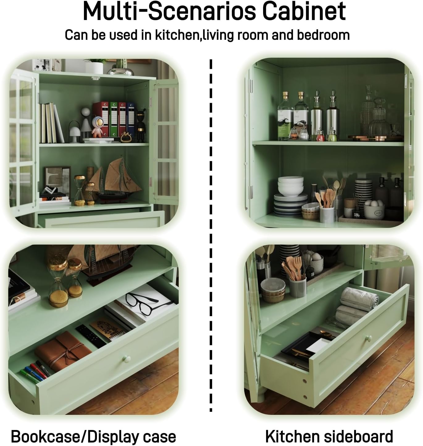 QMIT Display Cabinet with Glass Doors,Buffet Cabinet with Doors and Shelves,Small Green Wooden Storage Sideboard Cupboard for Living Room, Dining Room Hallway Entryway