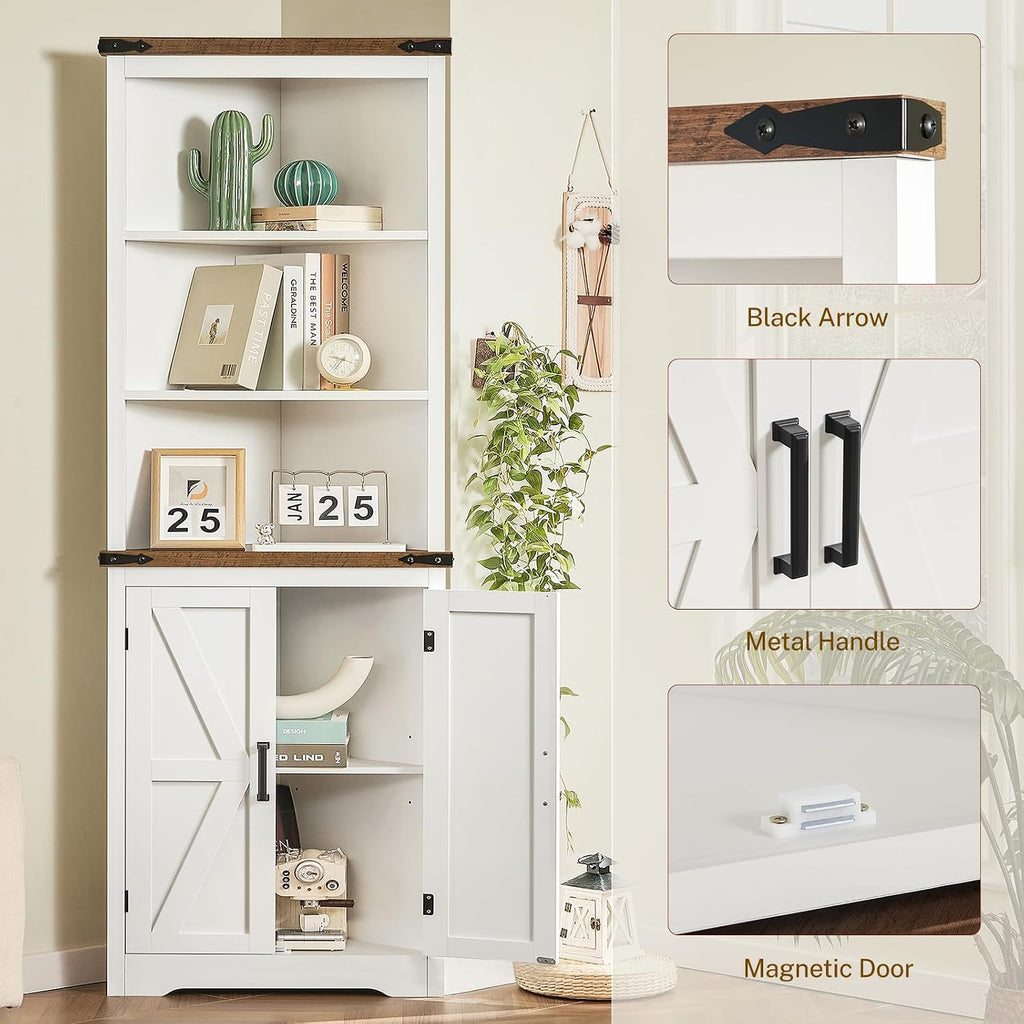 TEENFON Farmhouse Corner Cabinet, 70' H Tall Corner Hutch with 5 Shelves & 2 Barn Doors, Bathroom Cabinet with Adjustable Shelf, for Living Room, Kitchen, Bathroom, White