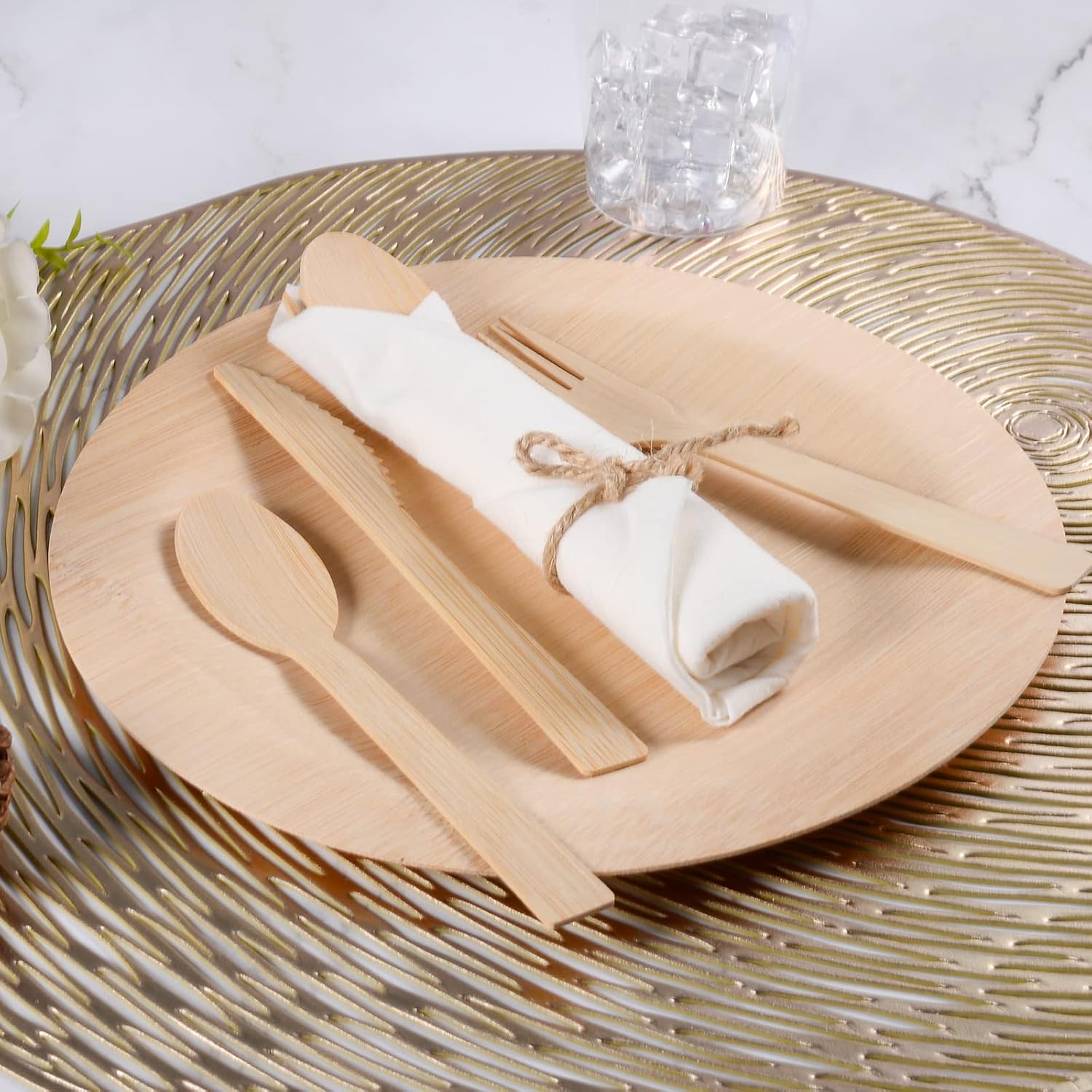 Pre Rolled Napkin and Bamboo Cutlery Set - 300Pack Bamboo Utensils/Compostable Cutlery(300 Forks, 300 Knives, 300 Spoons, 300 Napkins), Biodegradable Wrapped Cutlery for Party, Wedding, Events
