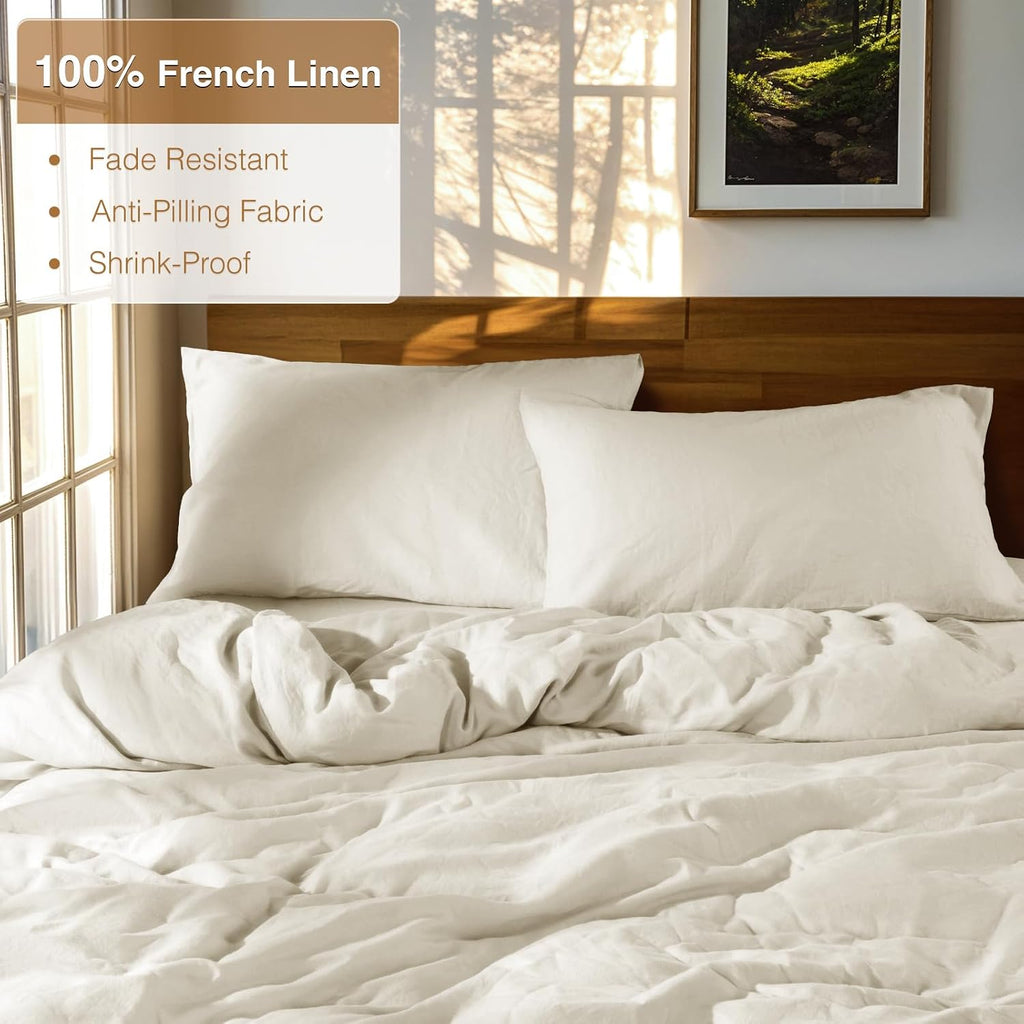 SONORO KATE 100% French Linen Duvet Cover Queen Size, Soft Breathable for Hot Sleepers, Moisture Wicking & Durable Cover Set - Zipper Closure & 4 Corner Ties Duvet Covers 3 Piece (Cream,Queen)